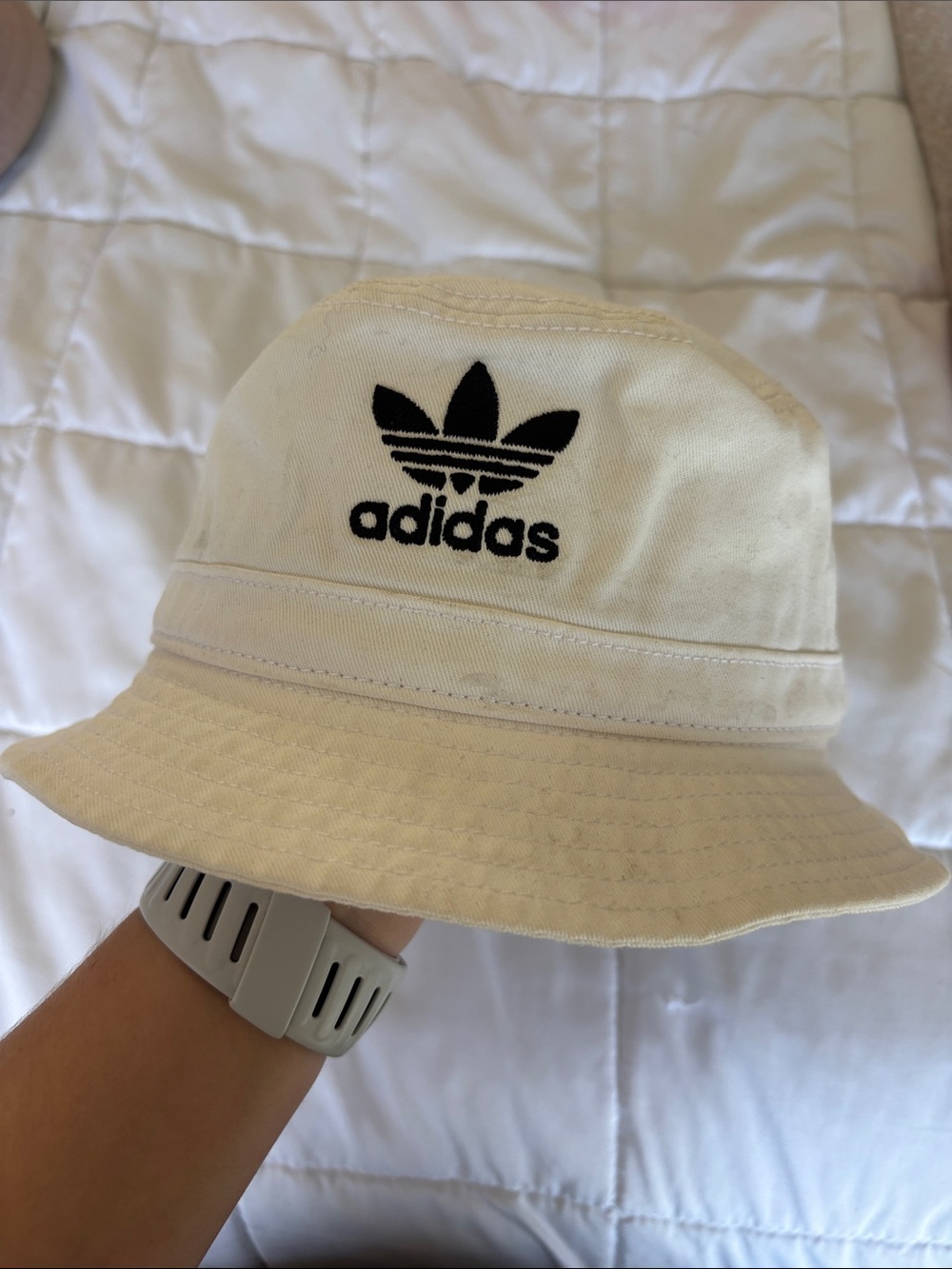 adidas White Bucket Hat with Black Logo